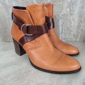 ECCO Shape 55 Mid Cut Congac Brown Leather Buckle Contrast Ankle Bootie Boots 38